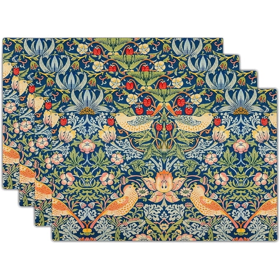 Placemats Set of 4 Chinoiserie Floral Bird Colorful Linen Washable Table Mats Stain Heat-Resistant Desktop Decor Place Mats for Home Kitchen Dining Party 12x18 in