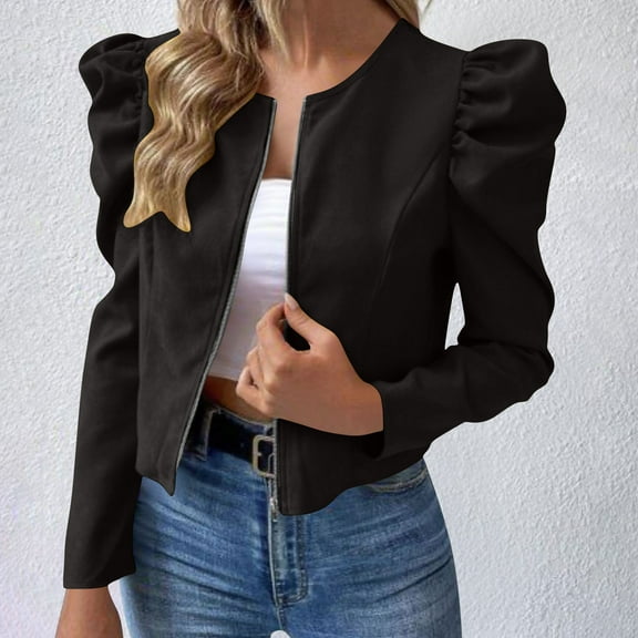 Kilaqueen Womens Puff Sleeve Cropped Suede Jacket Faux Leather Bolero Business Blazer Long Sleeve Full Zip Office Suit Jacket Outerwear