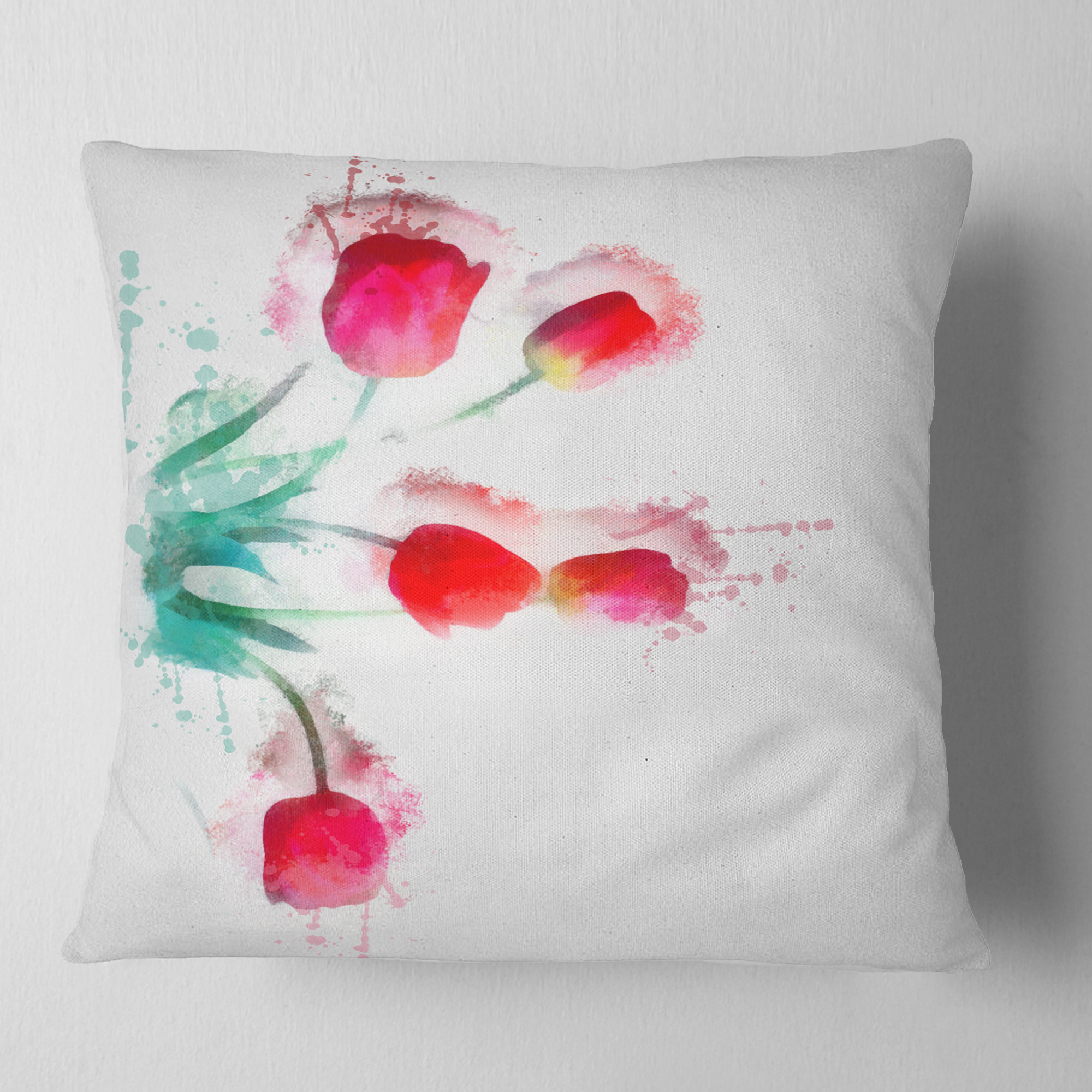 Designart Bunch of Red Tulips Watercolor - Floral Throw Pillow - 16x16