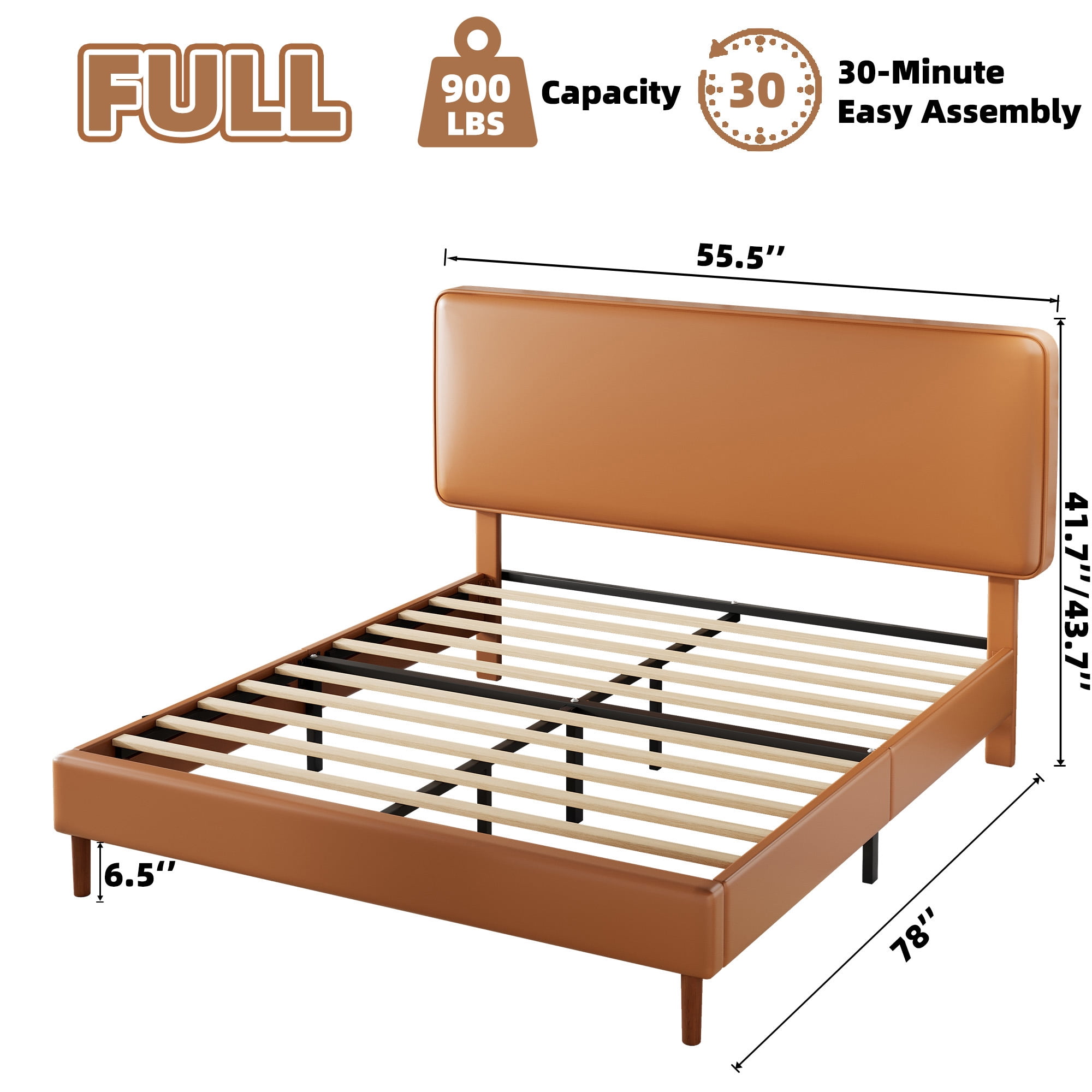 Frostbloom Full Bed Frame, Upholstered Faux Leather Platform Bed with Adjustable Headboard, Orange Brown