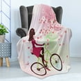thumbnail image 4 of Feminine Soft Flannel Fleece Throw Blanket, Girl on Bike Passing by Cherry Trees Blooms Spring Nature Seasonal Illustration, Cozy Plush for Indoor and Outdoor Use, 50" x 60", Green Pink, by Ambesonne, 4 of 5