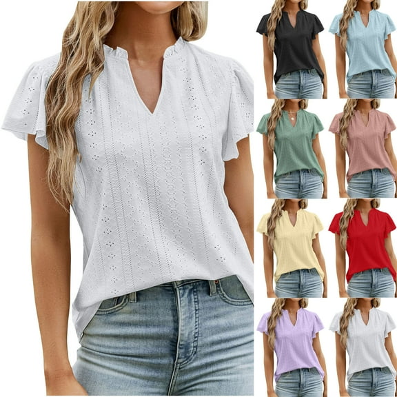 Inverlee Womens T Shirts V Neck Dressy Casual Short Sleeve Tops Loose Fit Solid Color Shirts Classic Work Tunic Blouse Tee Summer Fashion