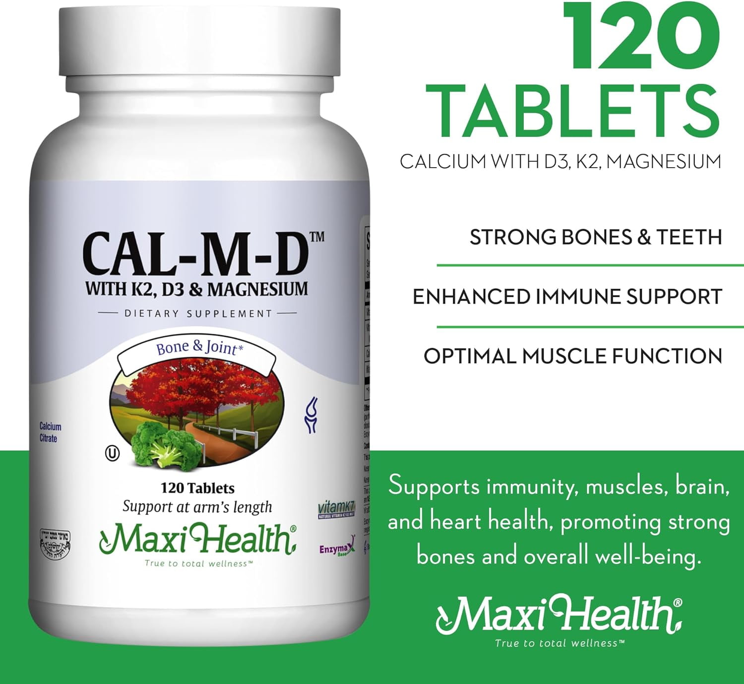 Maxi Health Cal-m-D Calcium, Vitamin K2 & D3 Supplement – Bone and Immune Support – 120 Tablets