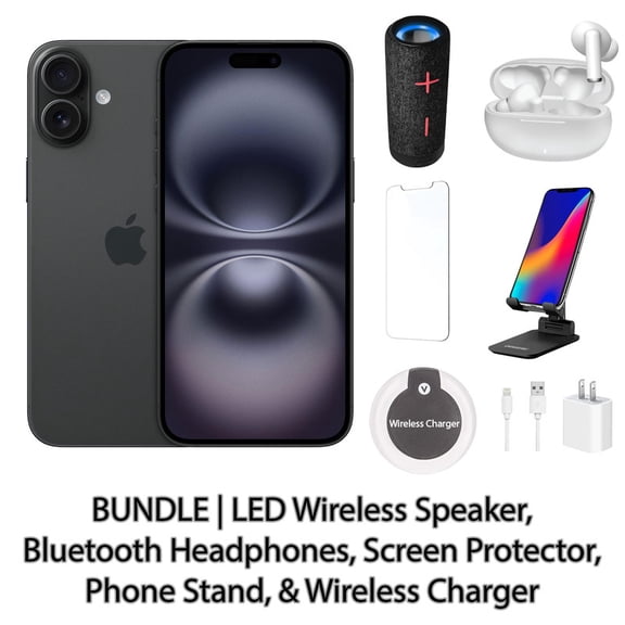 Restored Apple iPhone 16 128GB Black Fully Unlocked Bundle with LED Wireless Speaker, Bluetooth Headphones, Screen Protector, Wireless Charger, & Phone Stand