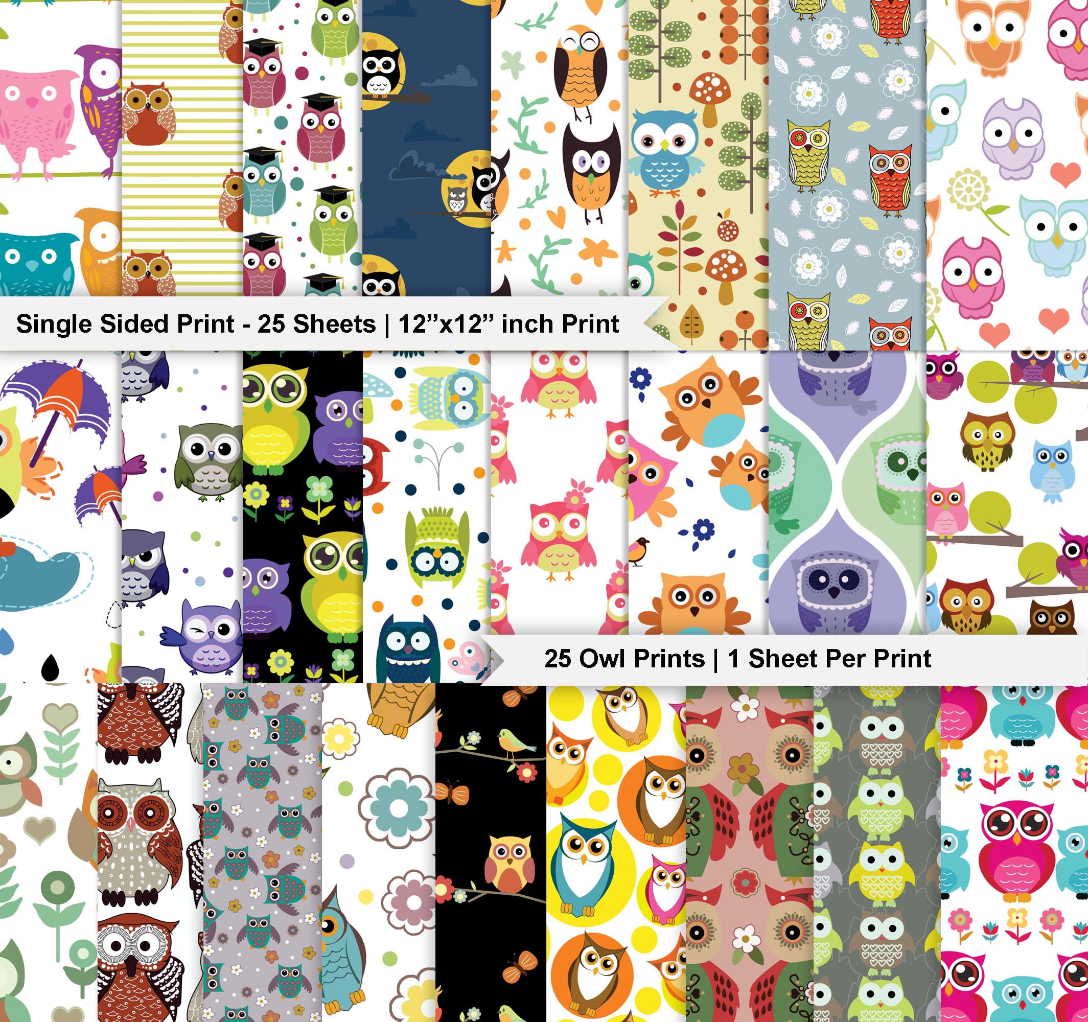 Inkdotpot 25Owl PrintScrapbookPaper Pad 12" x 12", Single-SidedScrapbookPaper- ColorfulCardstock PaperScrapbookingDIY Decorative BackgroundCardmaking Supplies- Journal Craft Paper