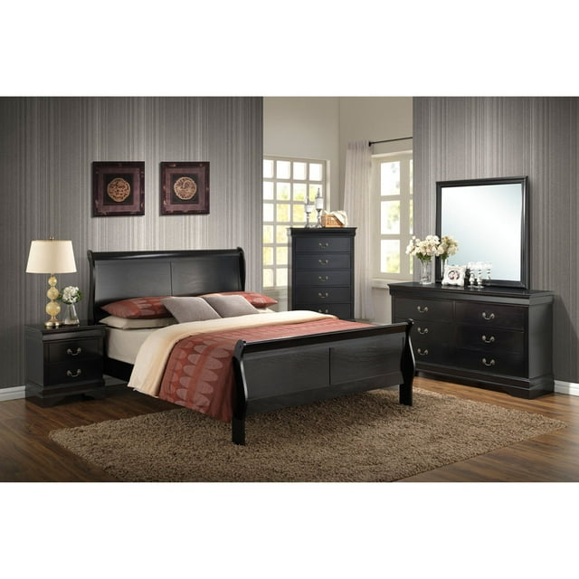 Cambridge Piedmont 5-Piece Bedroom Suite in Black with King Bed, Dresser, Mirror, Chest and Nightstand