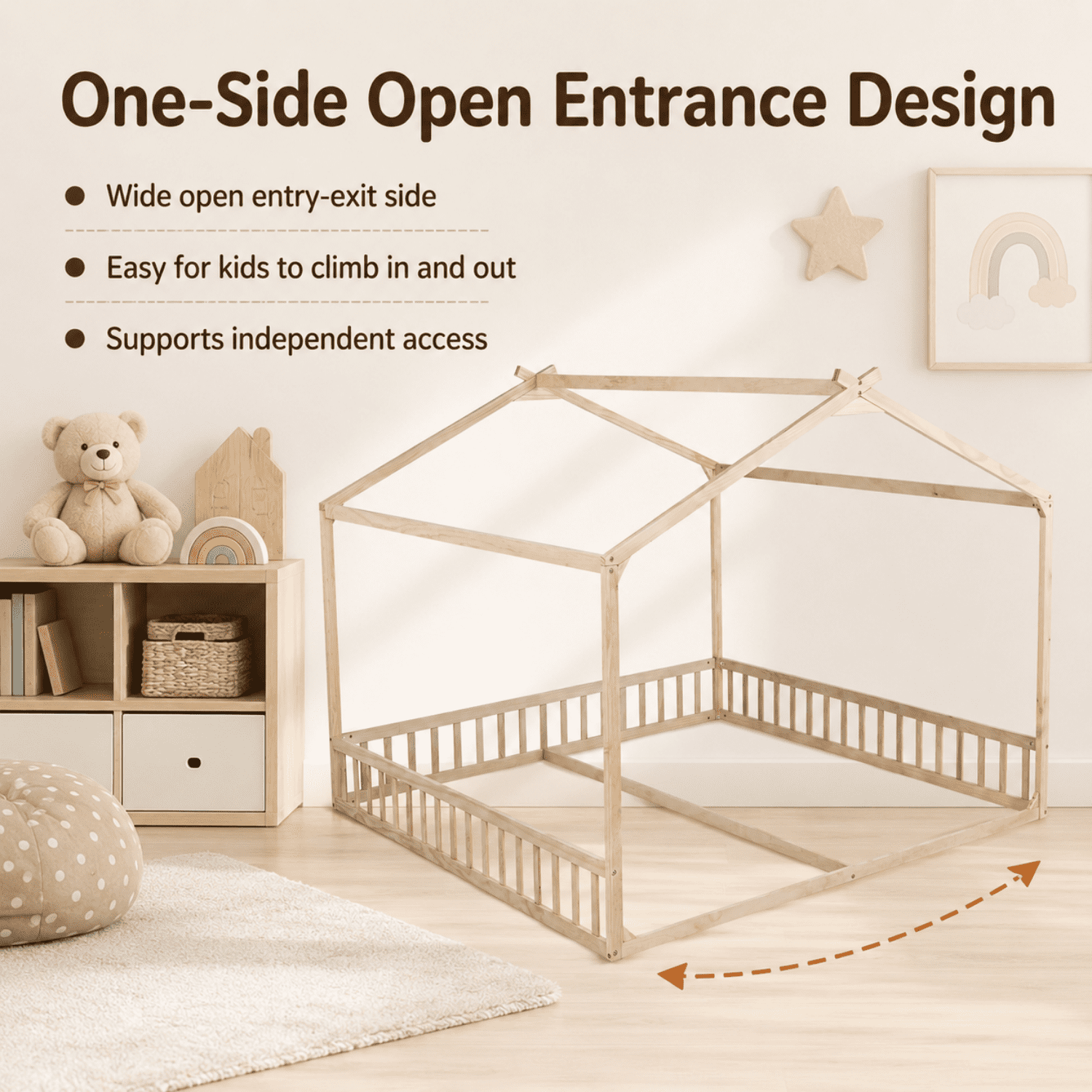 Miniyam Double Twin Floor Bed for Kids, House Bed with Guardrails and Open Entrance, Natural