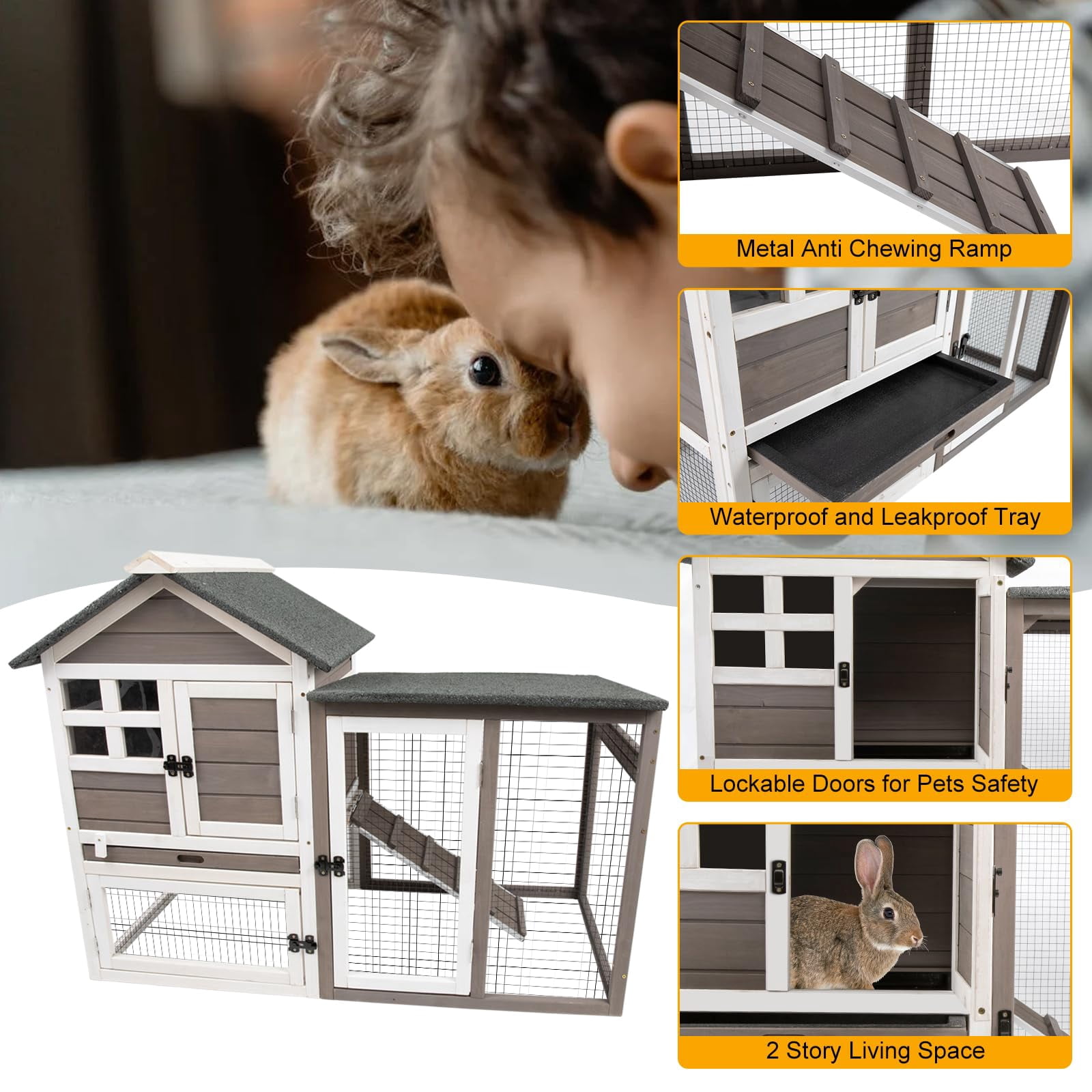 Luku Rabbit & Chicken Cage Two-Story Pet House, Waterproof Indoor/Outdoor Hutch with Wooden Ramp, Secure Wire Mesh, Accessories Included, Spacious Bunny & Poultry Habitat