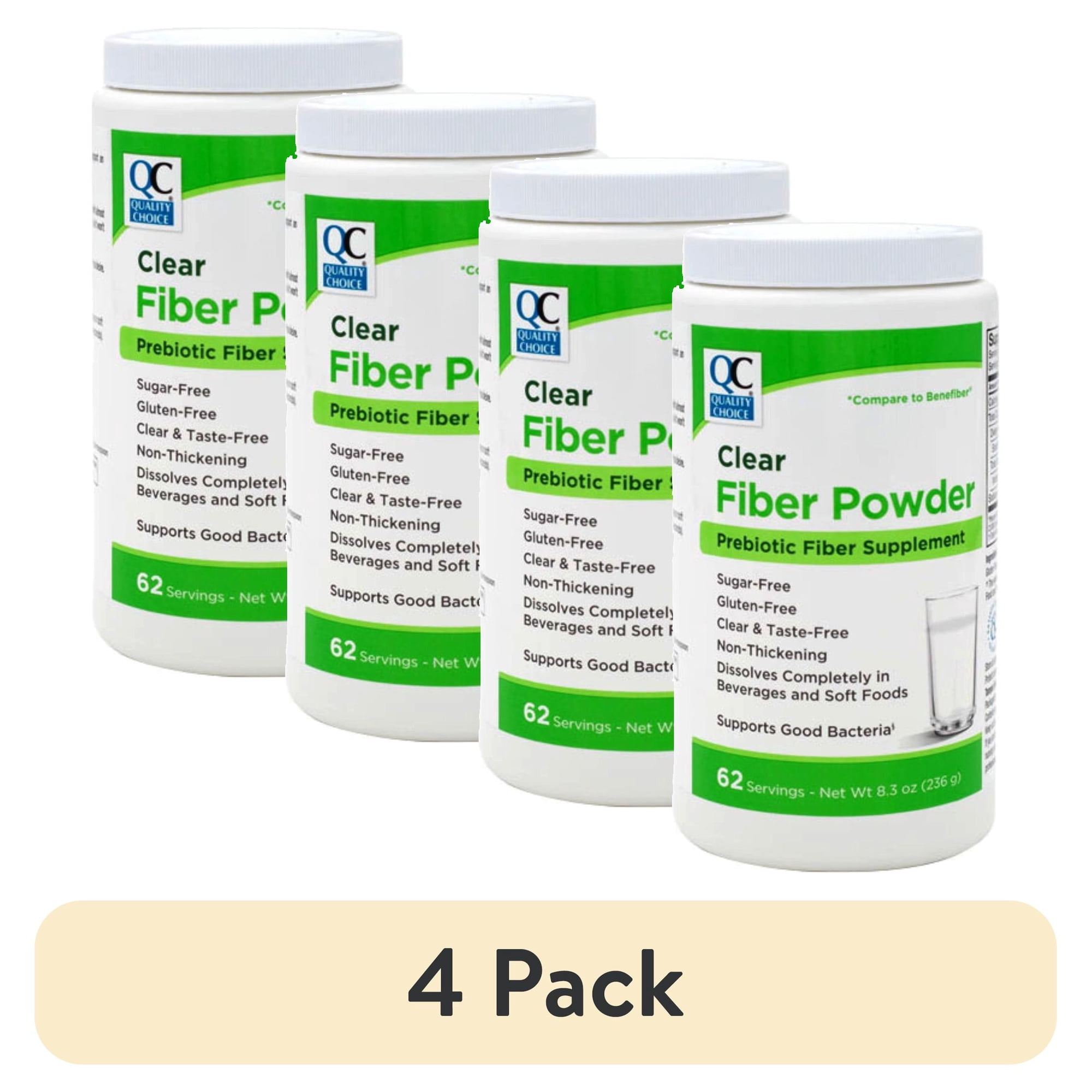 (4 pack) Quality Choice Clear Prebiotic Fiber Supplement Powder for Digestive Health - Tasteless, Non-Thickening Formula - 62 Servings, 8.3 Ounces - Ideal for Adults & Children 6 & Up Daily Fiber Powder