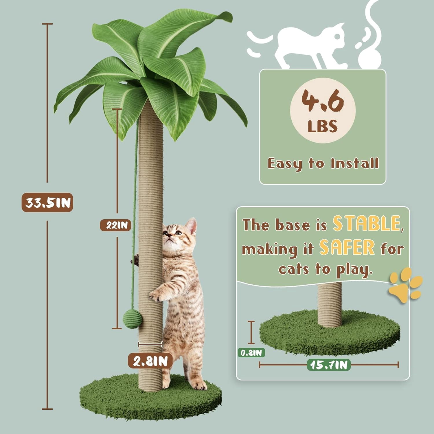 Cat Scratching Post for Indoor Cats, 33.5" H Sisal Rope Scratching Posts with Simulated Leaves, Kitten Scratcher with Soft Platform and Hanging Ball - 1 Cat Teasing Stick and 2 Catnip