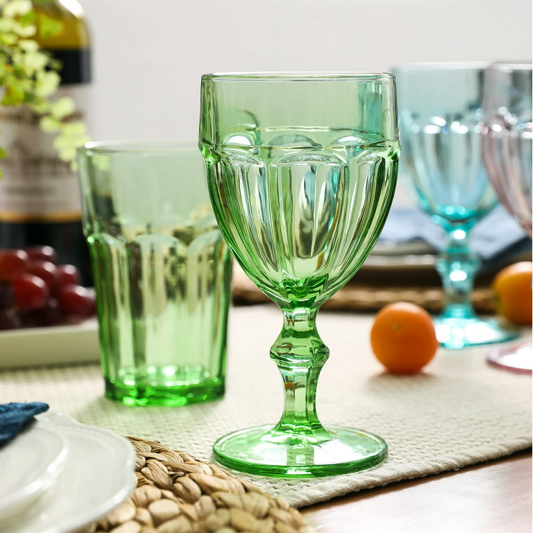 EAST CREEK | Set of 6 Colored Glassware Goblets | Vintage Wine Goblet | 8.5  oz Embossed Design | Drinking Glass with Stem | Glass for Wedding, Party