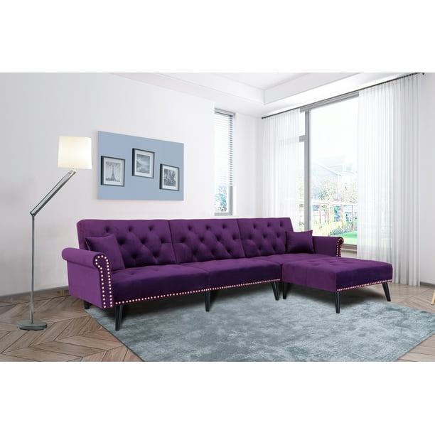 115'' Convertible Sectional Sofa,Velvet Corner Sofa Bed Couch Sleeper,L-Shaped 3-Seat Sofa Bed ...