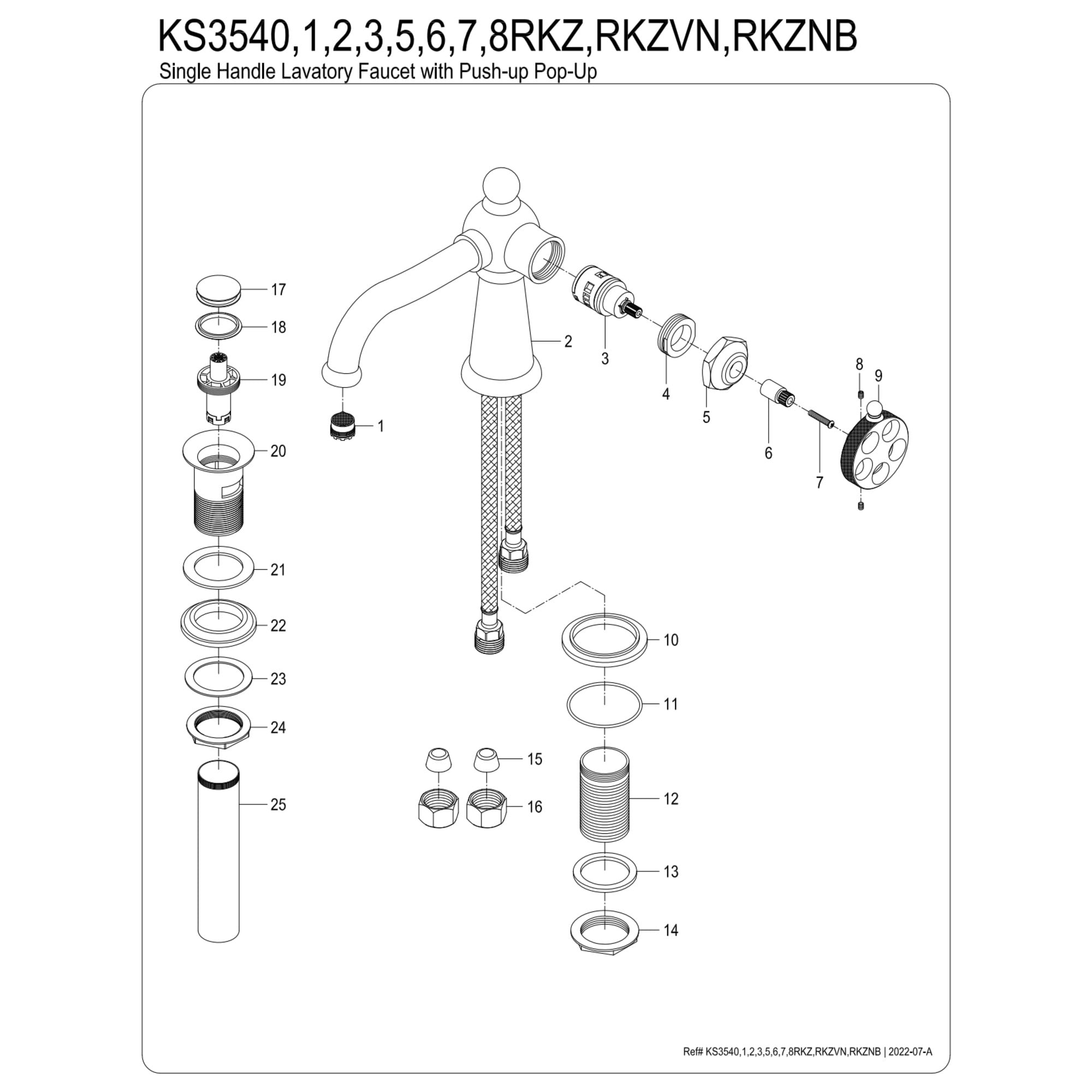 Kingston Brass KS3540RKZ Wendell One-Handle Single-Hole Bathroom Faucet with Knurled Handle and Push Pop-Up Drain, Matte Black