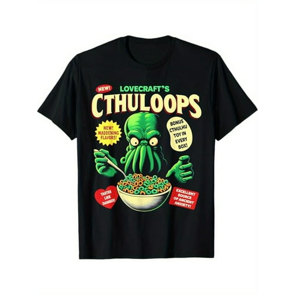 [Cthulhu Horror T-Shirt] 100% Cotton Cthuloops Cereal Parody T-Shirt - Horror Fans' Halloween Gift for Men Women Dad Mom Friends, S-XXXL, Black