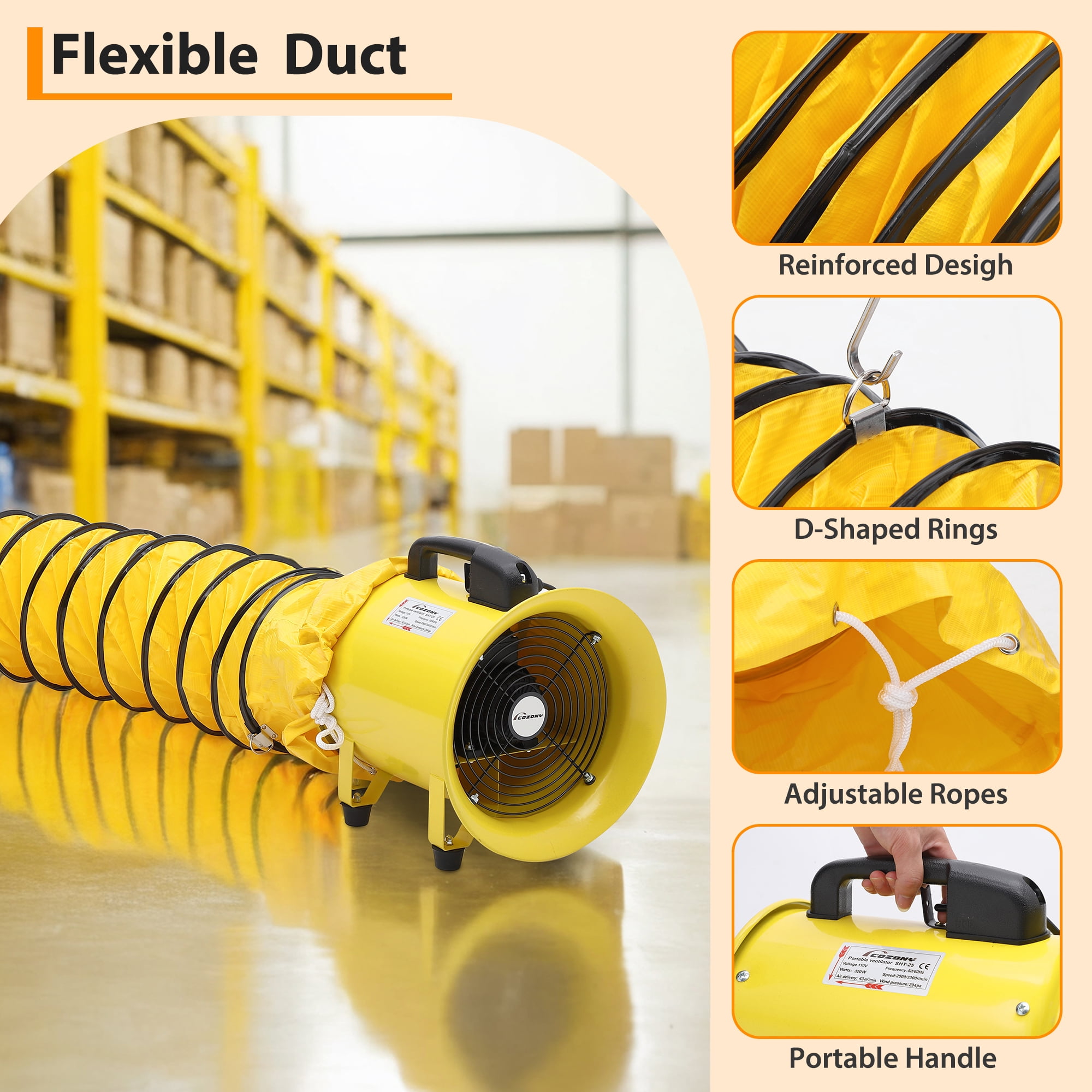 QinaQin Explosion Proof Fan–High CFM Industrial Air Mover with Duct Hose, Portable Heavy Duty Ventilation for Construction, Warehouse, Garage, Crawlspace, Attic, Basement, Paint Booth, Shop
