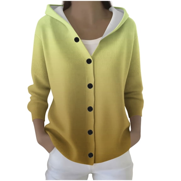 Lcziwo Womens Knit Hoodie Sweatshirts Button Down Long Sleeve Sweaters Gradient Open Front Loose Coats Casual Trendy Fall 2025 Outfits Yellow,XL