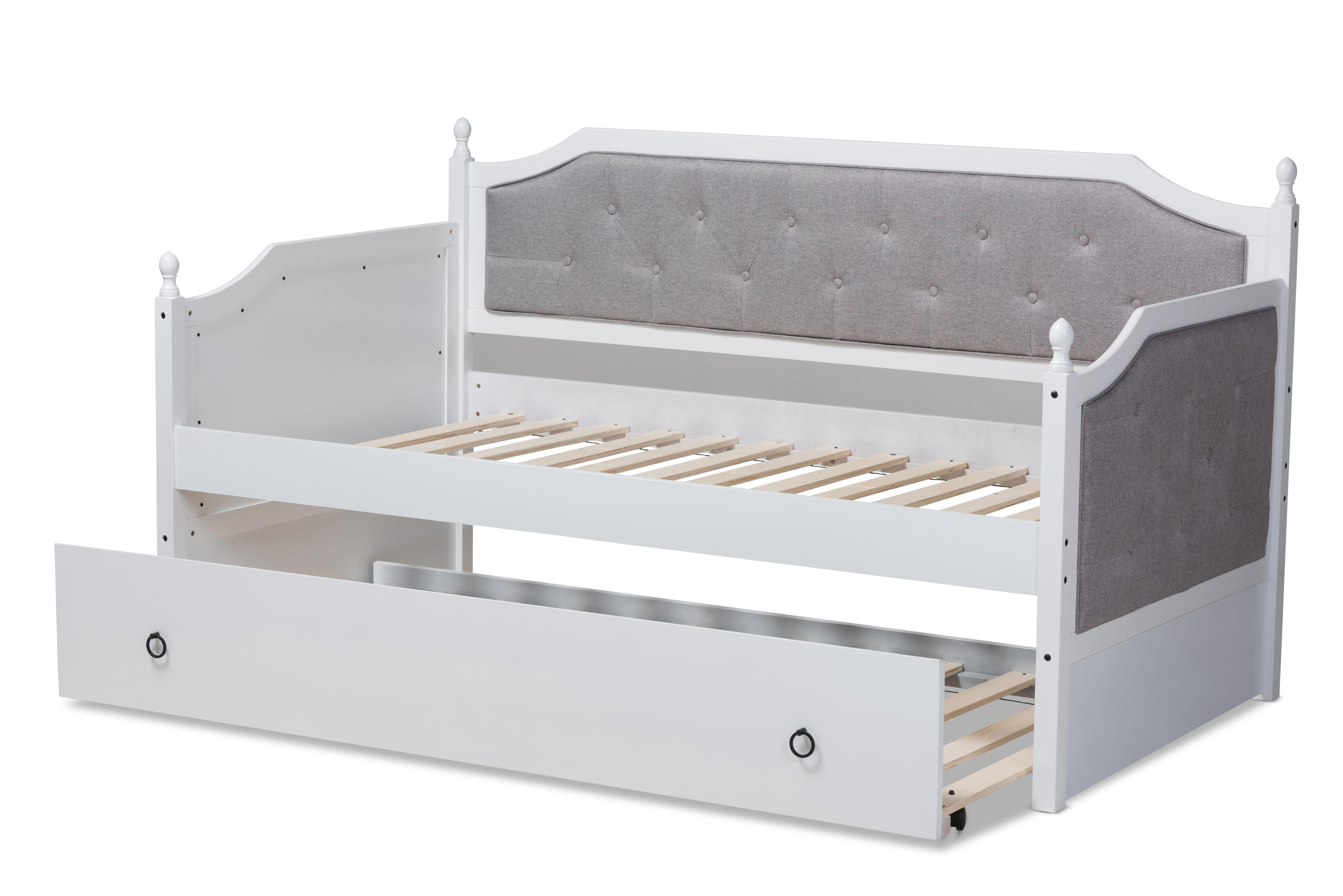 Baxton Studio Mara Classic and Traditional Grey Fabric Upholstered White Finished Wood Twin Size Daybed with Trundle