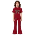 thumbnail image 3 of UACY Girls Fashion Clothes Leopard Bow 2 Piece Outfits Kids Cute Clothing Sets Short Sleeve T Shirt Matching Flare Pants Set (Wine, 1-2 Years), 3 of 5