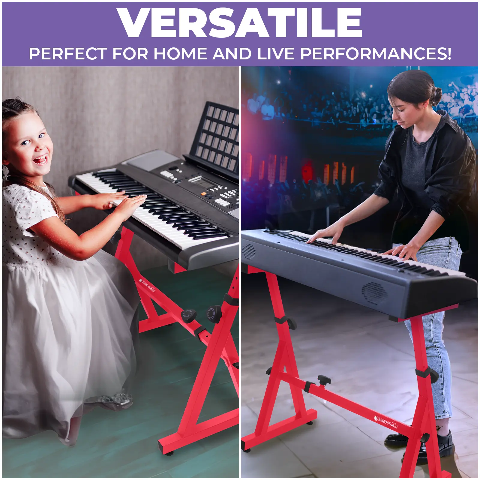 Liquid Stands Piano Keyboard Stand - Z Style Adjustable and Portable Heavy Duty Music Stand for Kids and Adults -Fits 54-88 Key Electric Pianos - Sturdy Musical Keyboard Stand (Red)