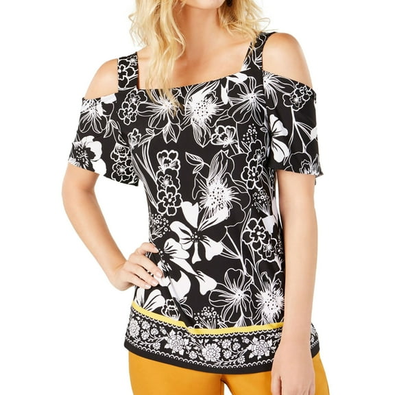 I.N.C Womens Floral Cold Shoulder Blouse, Black, Small