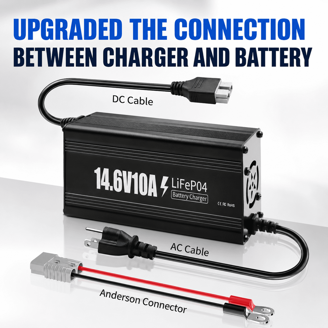 12V 10A Lithium Battery Charger, 14.6V Battery Charger with Premium Aluminum Housing - 0V Activation for LiFePO4  Golf Cart, RV, Marine, Boat, Trolling Motor - Includes Connector