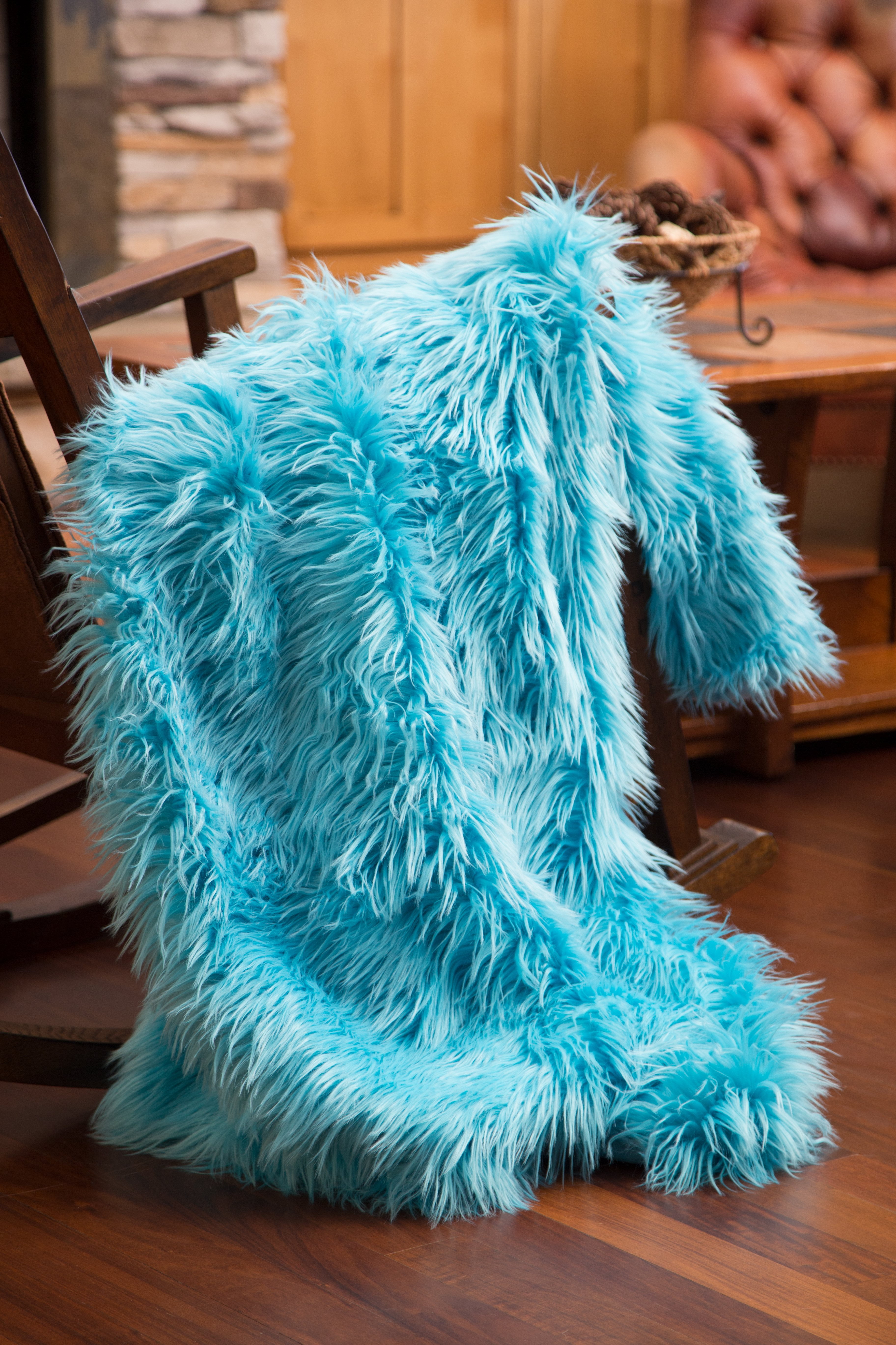 Faux Fur Throw Blanket, Mongolian Long Hair Turquoise