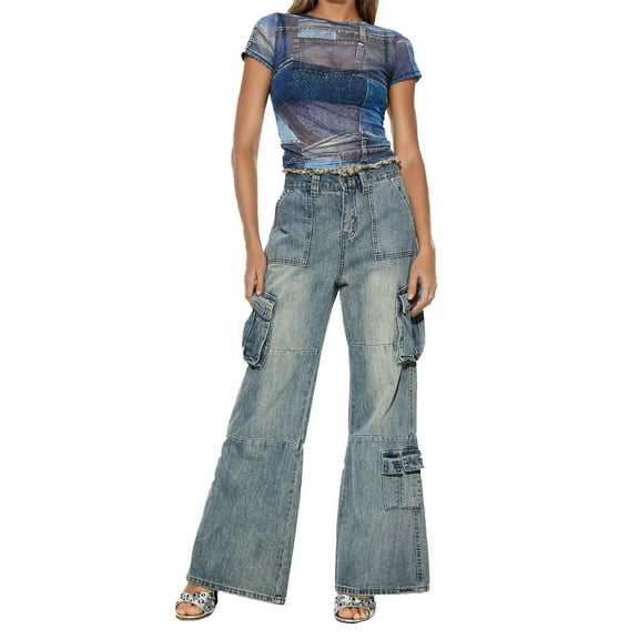 MIXUE Jeans For Women Solid Color High Waisted Vintage Stretchy Washed Bootcut Wide Leg Cargo Baggy Straight Denim Pants Trousers Daily-Wear,Blue,M