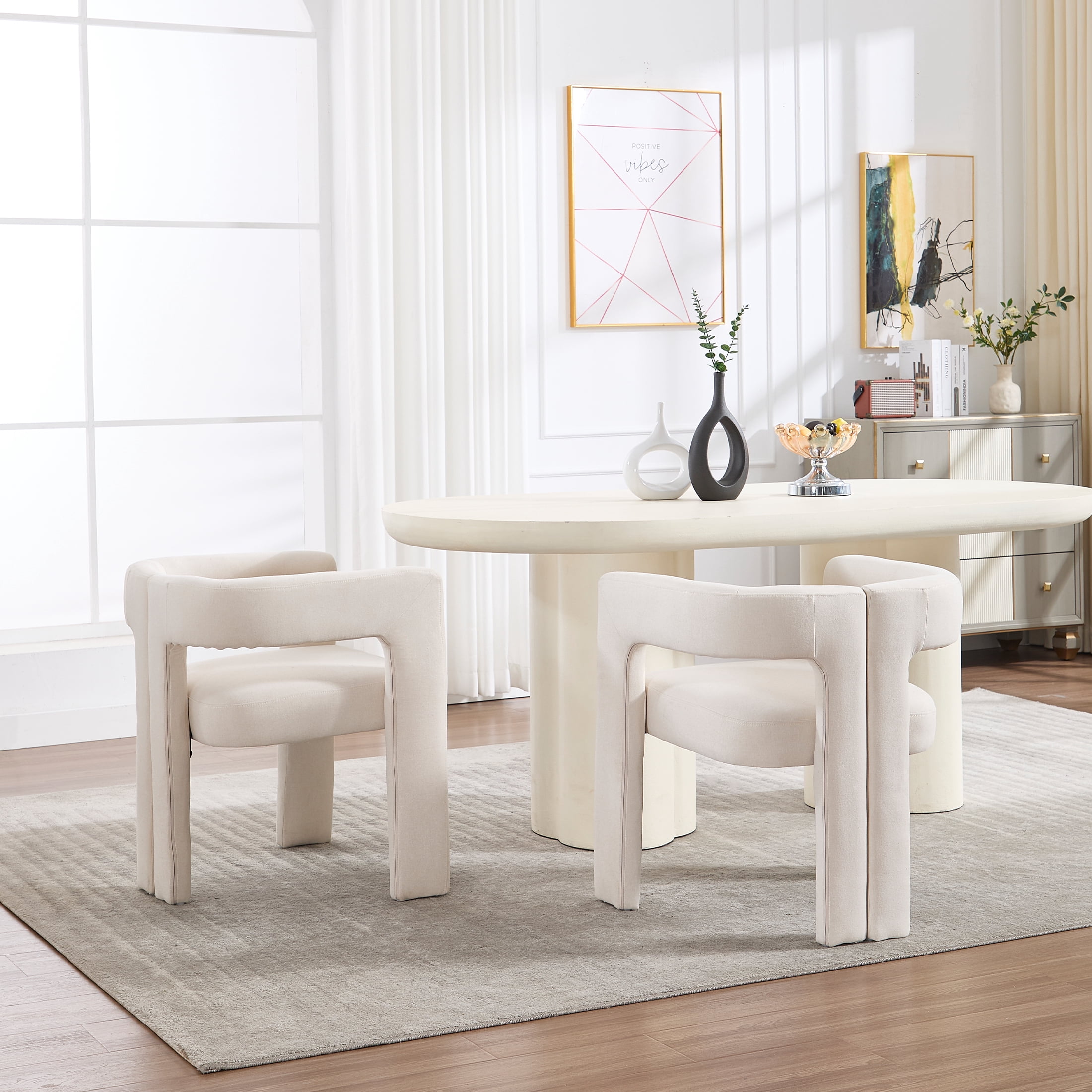 Guyou Modern Boucle Dining Chair Set of 2, Linen Upholstered Barrel Chair, Comfy Armchair with Open Backrest, Vanity Side Chair Accent Chair for Living Room Bedroom Dining Room, Beige