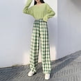 thumbnail image 1 of VISgogo Pantalones rectos de pierna ancha para mujer, pantalones largos casuales de cintura alta con estampado a cuadros y ajuste relajado VISgogo  moda, 1 of 3