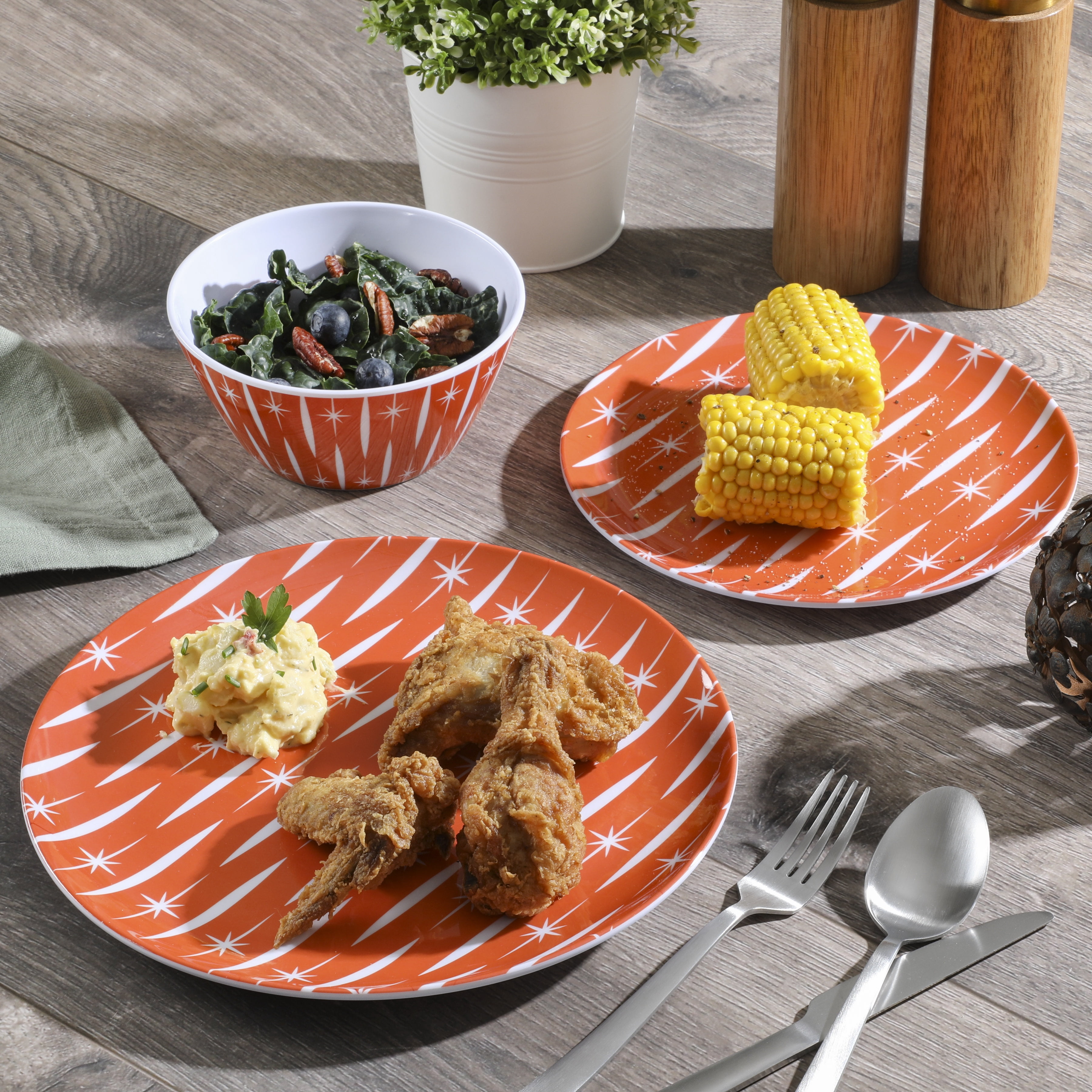Wanda June Home Retro Renegade Orange 12-Piece Melamine Dinnerware Set by Miranda Lambert