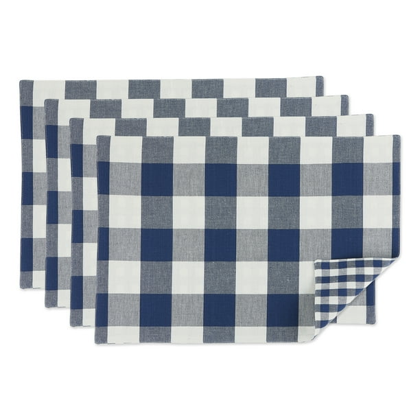 DII Navy/Off White Reversible Gingham/Buffalo Check Placemat Set/4