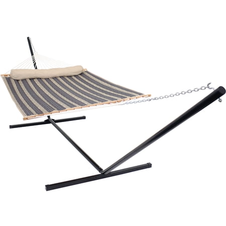 Sunnydaze 2-Person Quilted Polyester Spreader Bar Hammock with Stand 400 lb Capacity - Moutainside