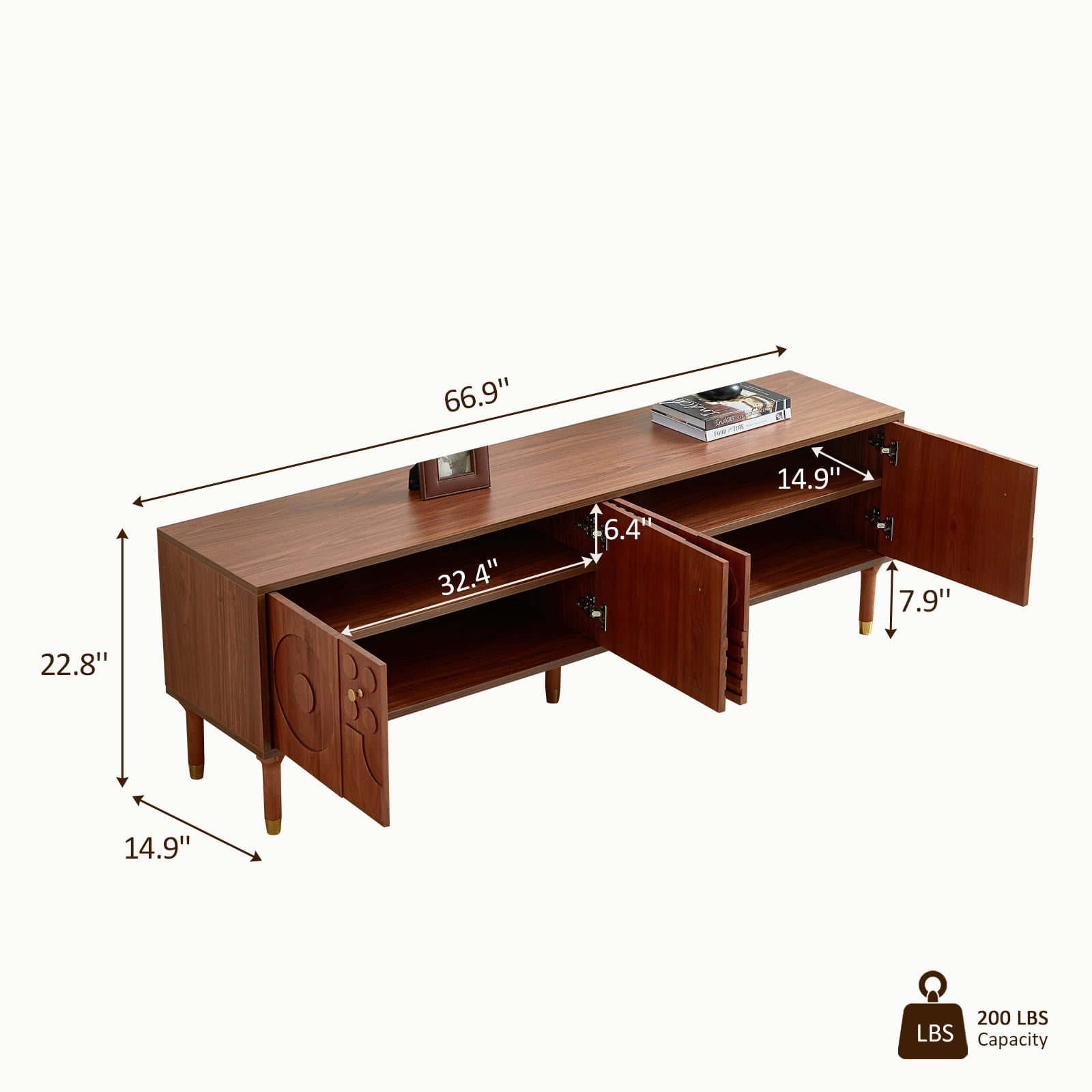 siu want Modern TV Stand for 75 inch TV, 66.9" Retro Media Console with Carved Geometric Doors & 4 Cabinets, Walnut Entertainment Center​
