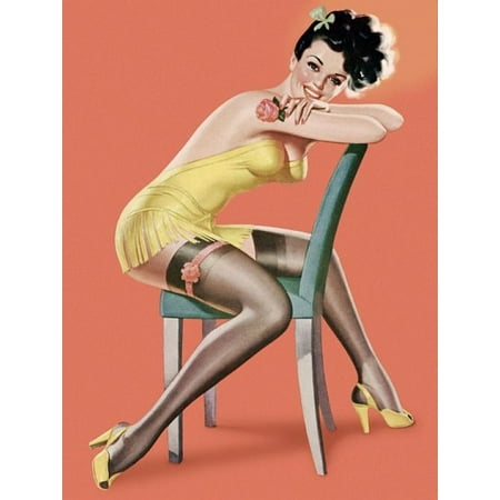 Pin Up Art Brunette Sitting On Chair Pinup Stretched Canvas -  (18 x