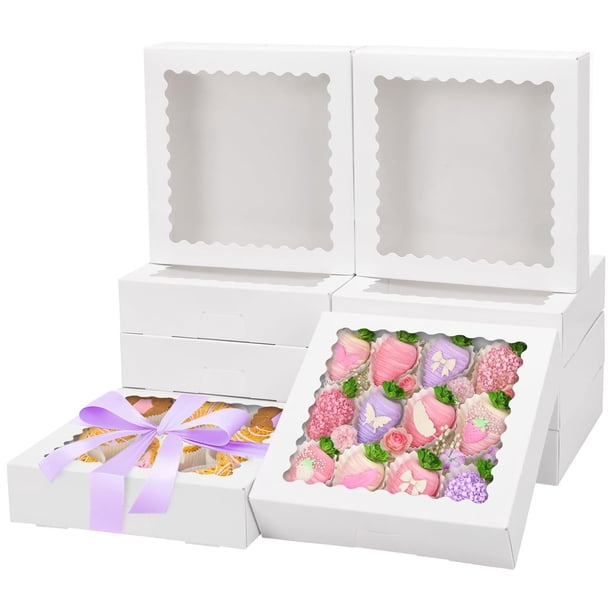 12 cajas de panadería, cajas automáticas para galletas con ventana, recipientes de golosinas blancas para fresas de chocolate, rosquillas, postres, pasteles