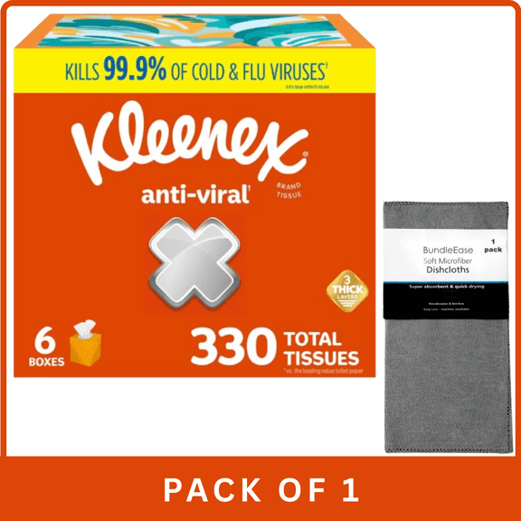 Kleenex Anti‑Viral 3‑Ply Facial Tissue 55ct With Microfiber Solid Color Towel By BundleEase
