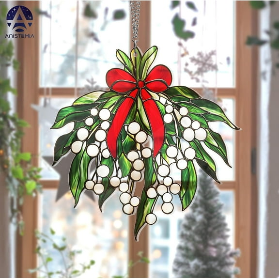 Mistletoe Acrylic Suncatcher Stained-Style Pearl Berries Window Hanging, Classic Christmas Home Decor Ornament, Holiday Mantel Accent