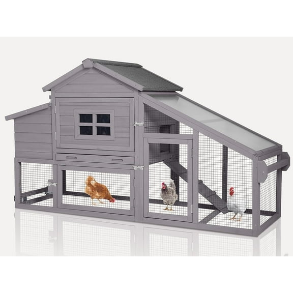 MEDEHOO Chicken Coop, Mobile Chicken House with with Wheels, Outdoor Hen House Poultry Cage with Nesting Box, Leakproof Pull Out Tray and UV-Resistant Roof (Grey)