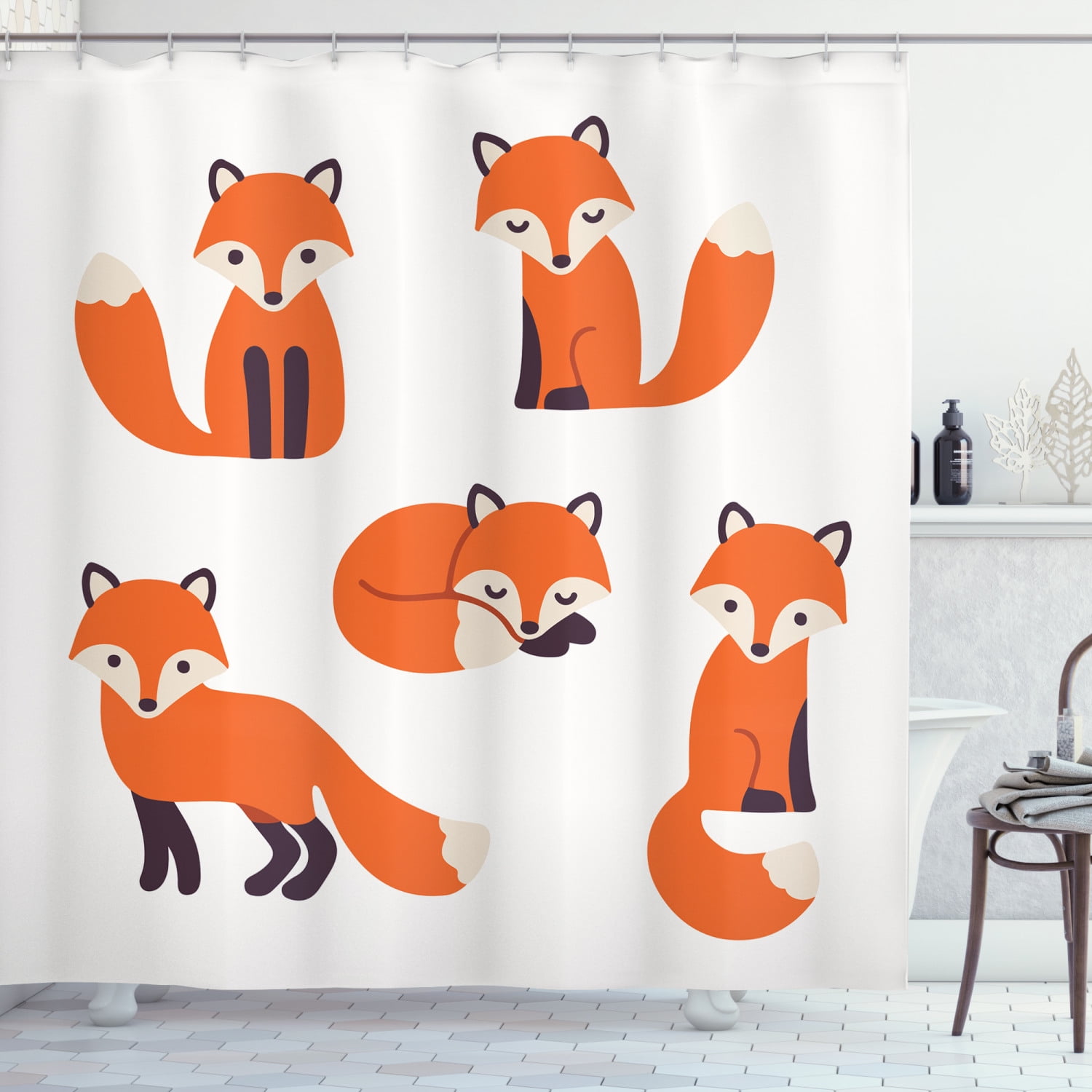 Fox Shower Curtain, Cartoon Foxes in Modern Style Sitting and Sleeping