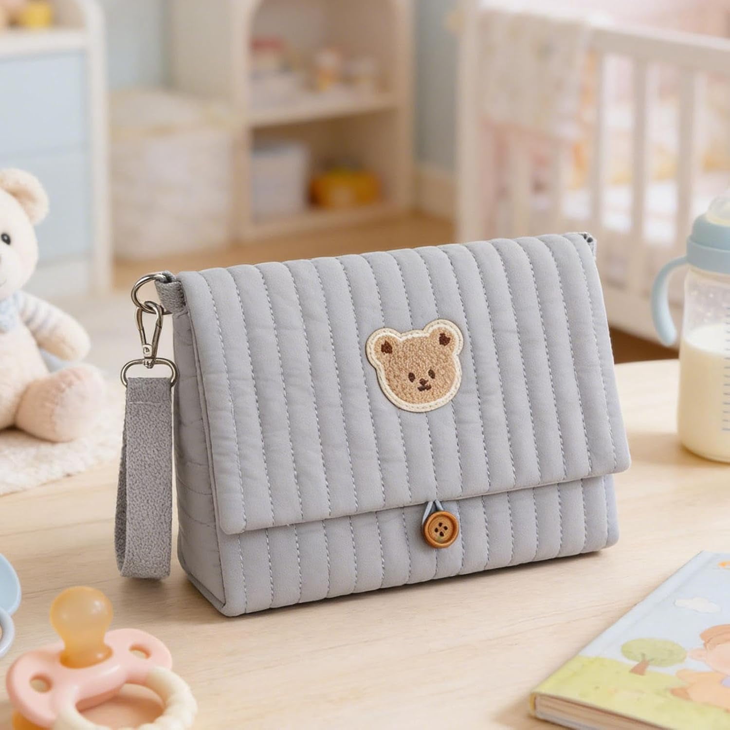 Diaper and Wipes Pouch | Cute Bear Embroidery Foldable Pouch | with Stroller Strap Compartment Diaper Bag Organizers | for