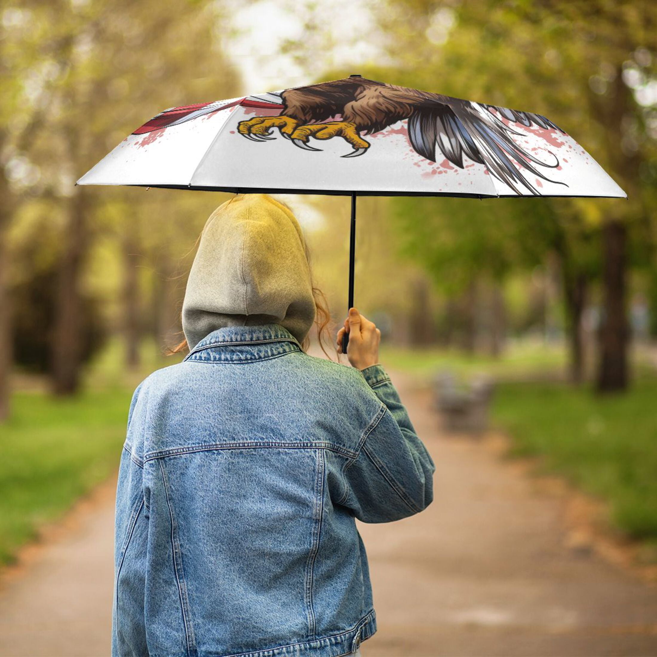 Flying Eagle and American Flag Compact Sun Umbrella Windproof Travel Umbrellas for Rain Strong Portable UV Protection