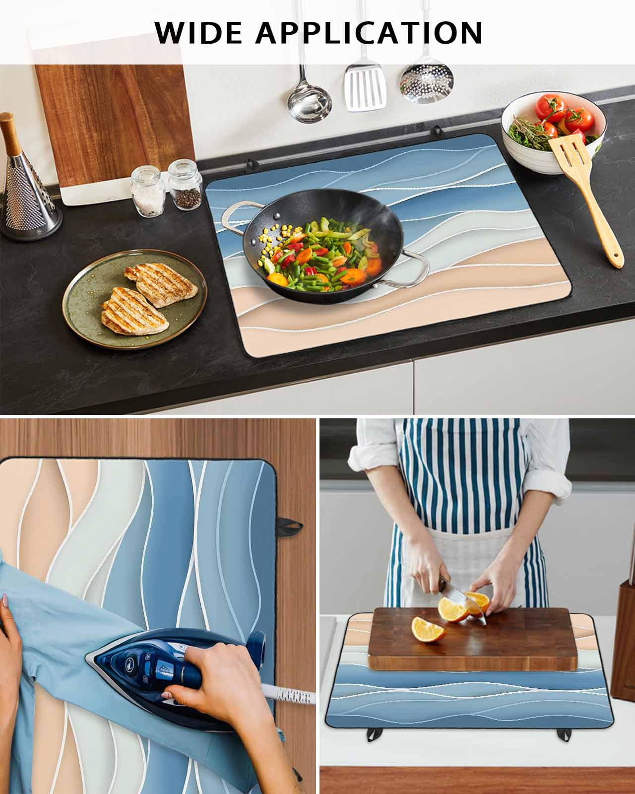 nqOlkjepod Large Induction Cooktop Protector Mat 24"x21", Blue Stove Top Covers for Electric Stove, Ocean Wave Stripes Modern Abstract Beach Geometric Stove Burner Cover Mats, Glass Top Stove Cover