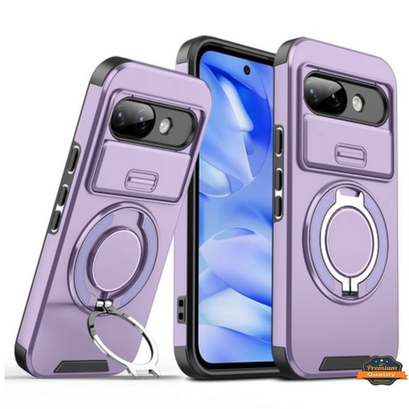 Xpression Phone Case For Google Pixel 9A Hybrid Case with 360° Magnetic Ring Stand, Camera Slide Protector & Compatible with MagSafe Cover, Purple