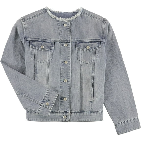 Michael Kors Womens Collarless Frayed Denim Jean Jacket, Blue, Plus Size, 3X