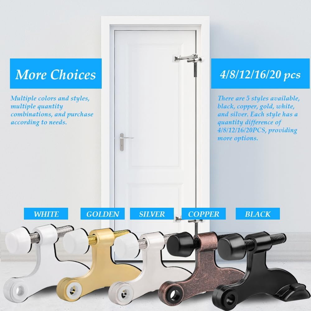 4 Pack Hinge Pin Door Stopper Heavy Duty Metal Adjustable Door Stops with Rubber Bumper Tips (Black)