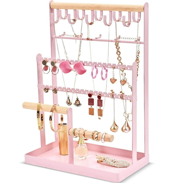Soporte para Joyería, Organizador para Pendientes,Cadenas, Pulsera, Colgante y Expositor con Agujeros Estante de Joyas -Rosa