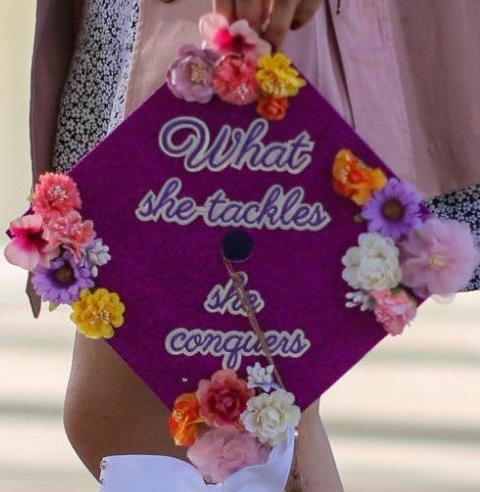 Handmade Graduation Cap Topper, Graduation Cap Decorations, What She Tackles She Conquers