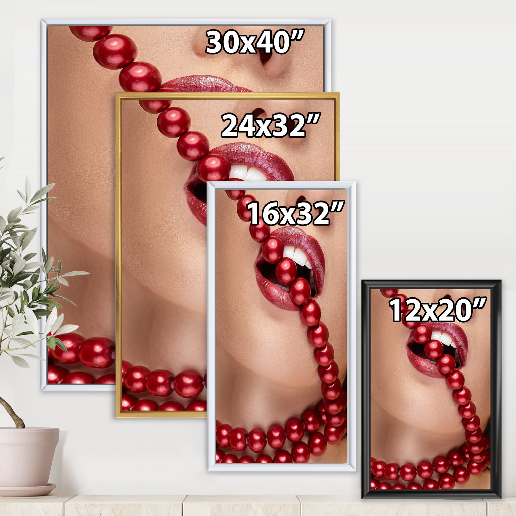 Designart 'Girl Mouth With Red Lipstick Biting Red Pearls' Modern Framed Canvas Wall Art Print