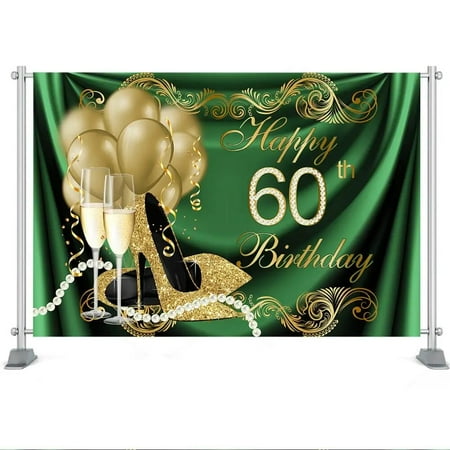 Image of Happyth Birthday Backdrop Gold Balloons Pearl Champagne Purple Heels Background Women 60th Birthday Party Decoration