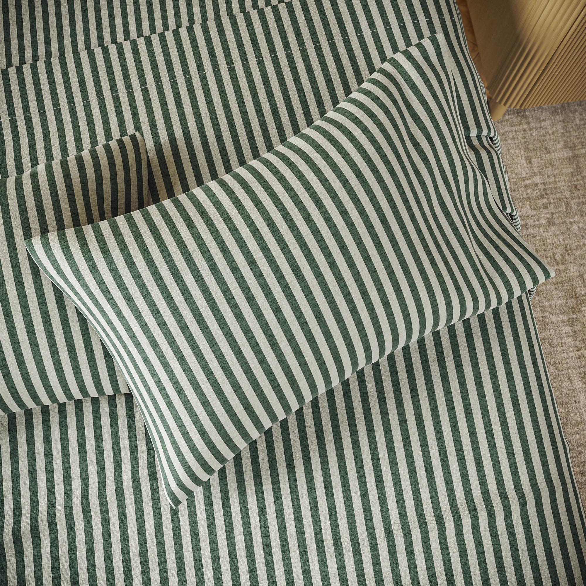 Beautiful Striped 4-Piece 100% Cotton Percale Sage Green Sheet Set, Full by Drew Barrymore
